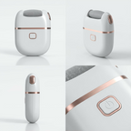 Appareil de soin des pieds électrique blanc avec rouleau exfoliant et détails dorés, vu sous plusieurs angles