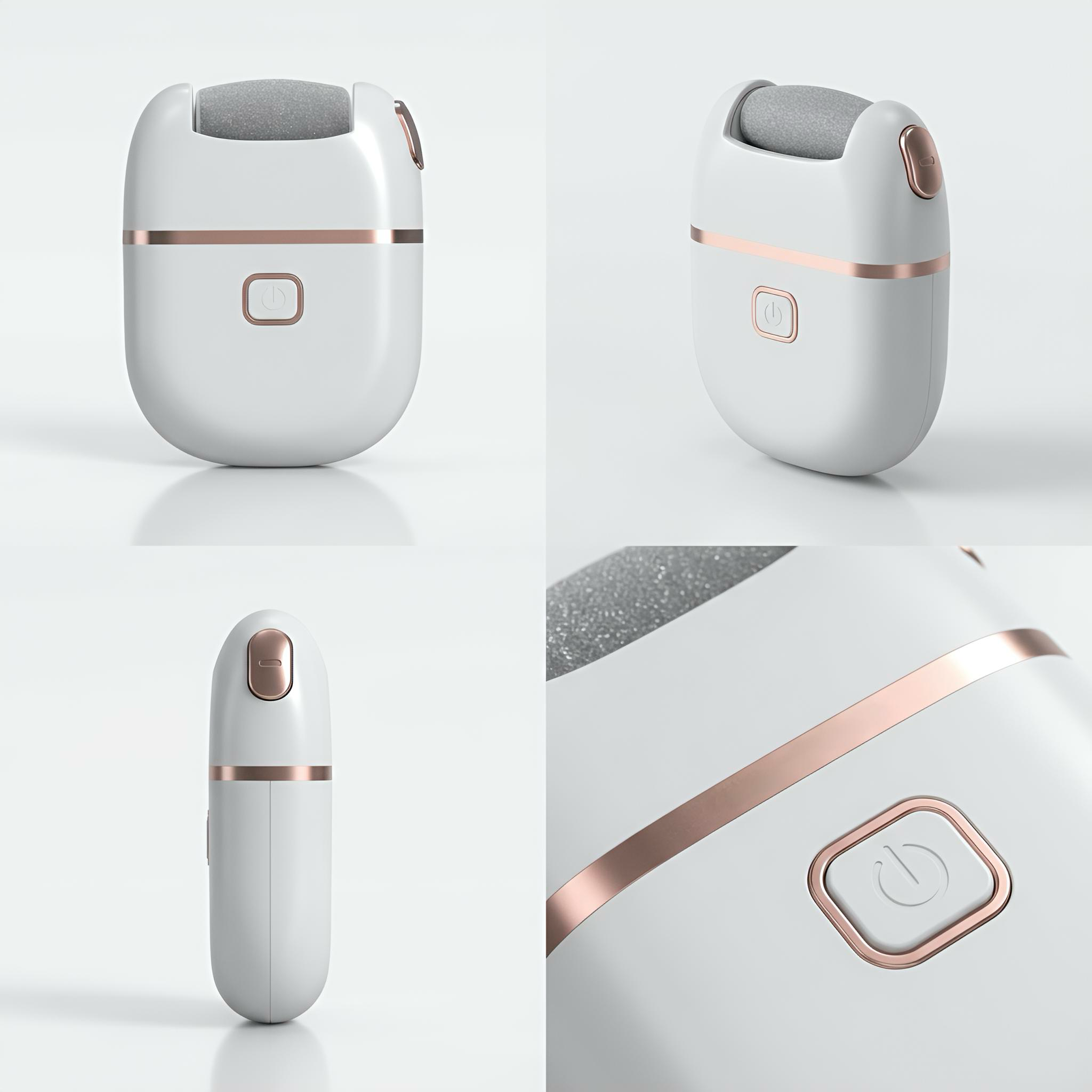 Appareil de soin des pieds électrique blanc avec rouleau exfoliant et détails dorés, vu sous plusieurs angles