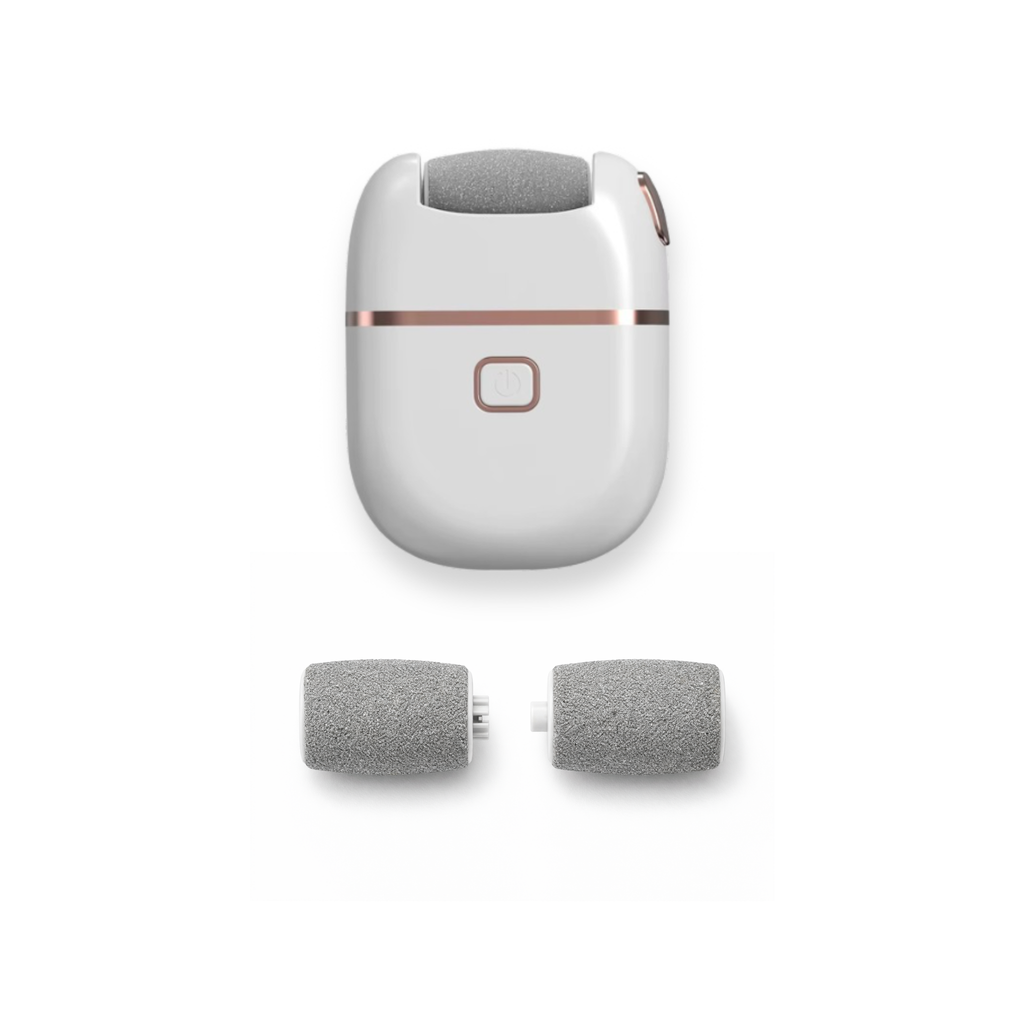 Râpe électrique blanche avec tête abrasive amovible et rouleaux remplaçables