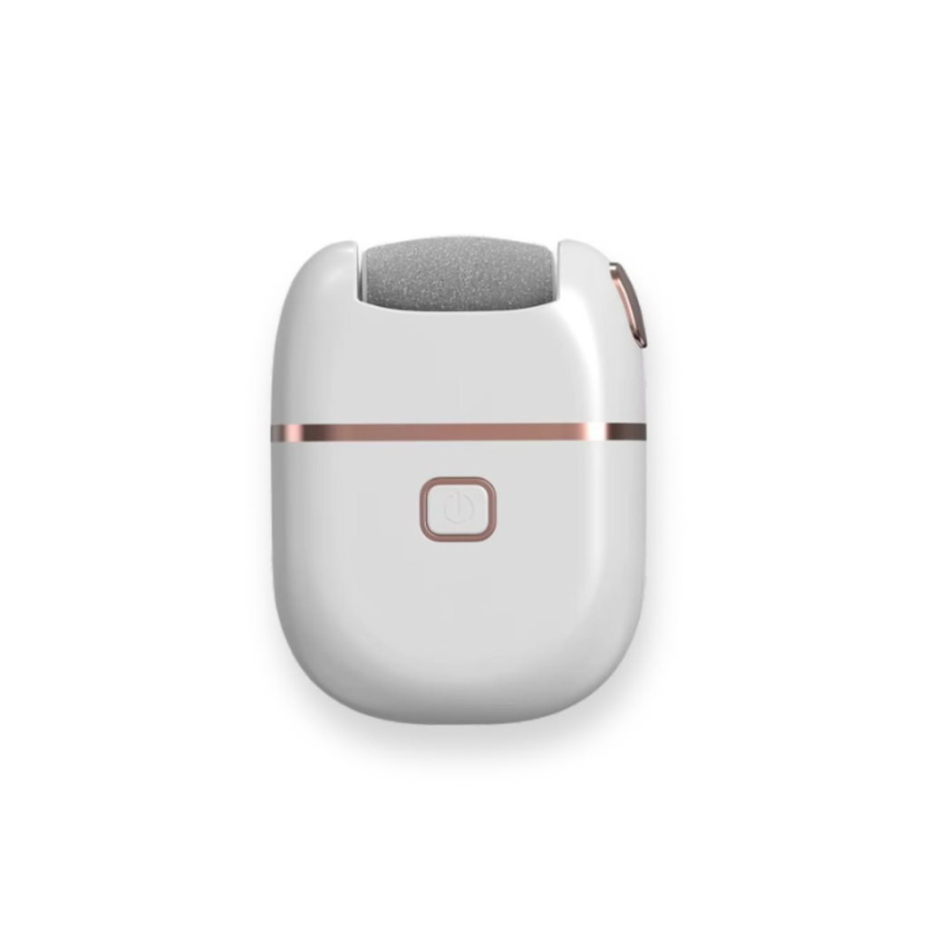 Râpe électrique blanche avec tête abrasive amovible pour soin des pieds, vue de face